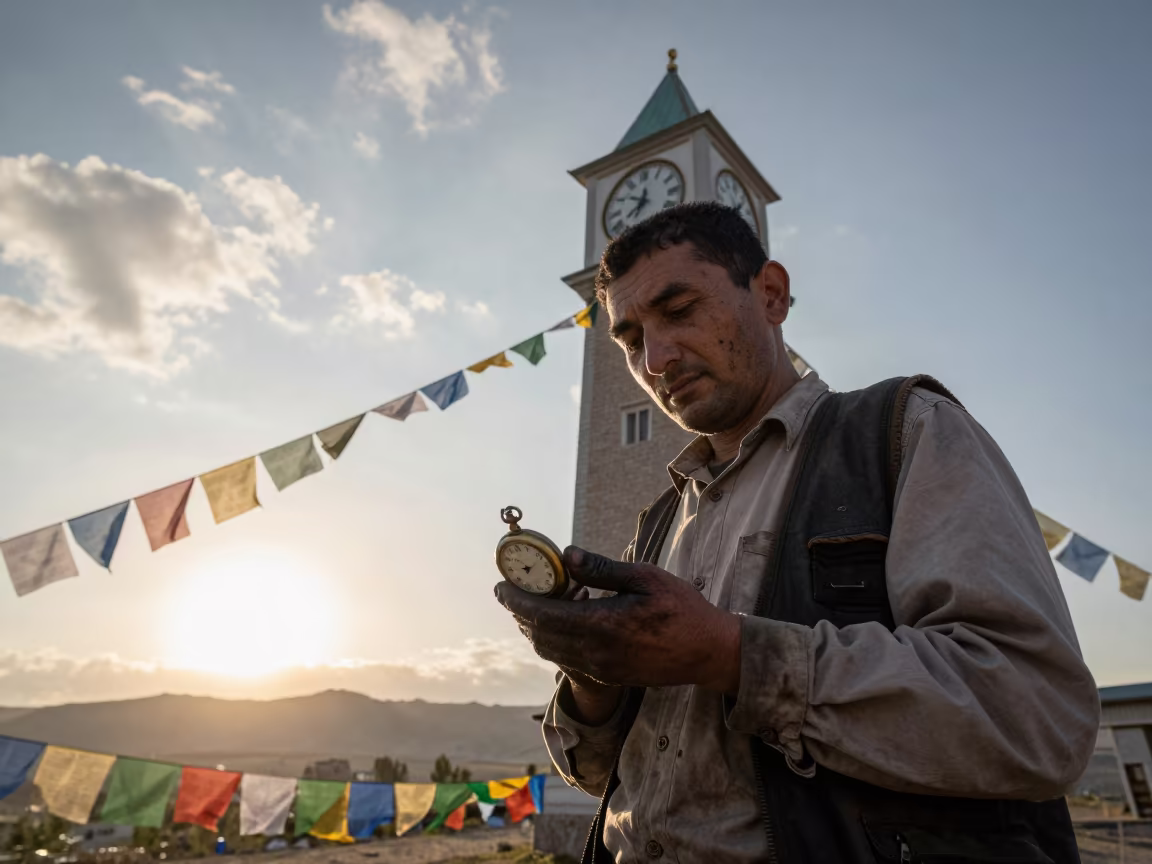 Keeper With Grease Stained Hands Near Kazan in beneath a line of prayer flags near Kazan