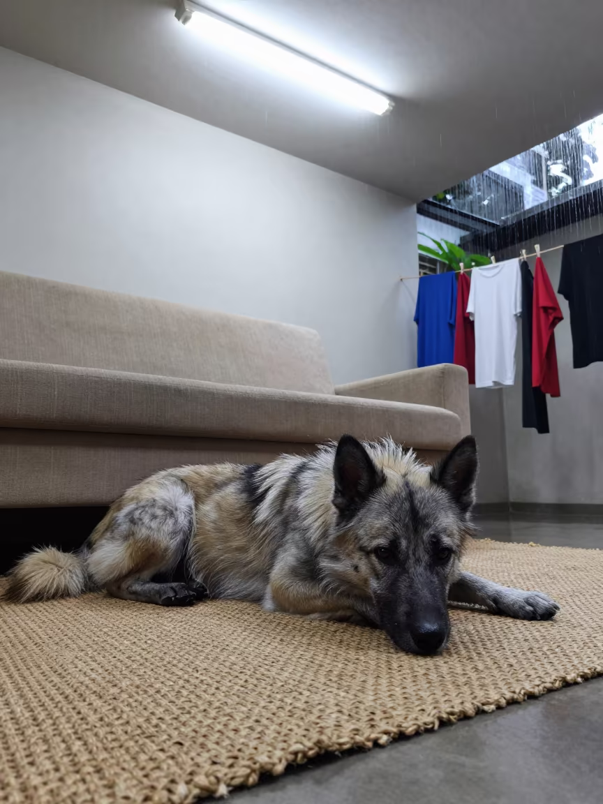 Keeshond Dog Resting on Woven Rug in Jakarta Home in on a woven rug beside a low couch and an uncluttered wall in Menteng, Jakarta
