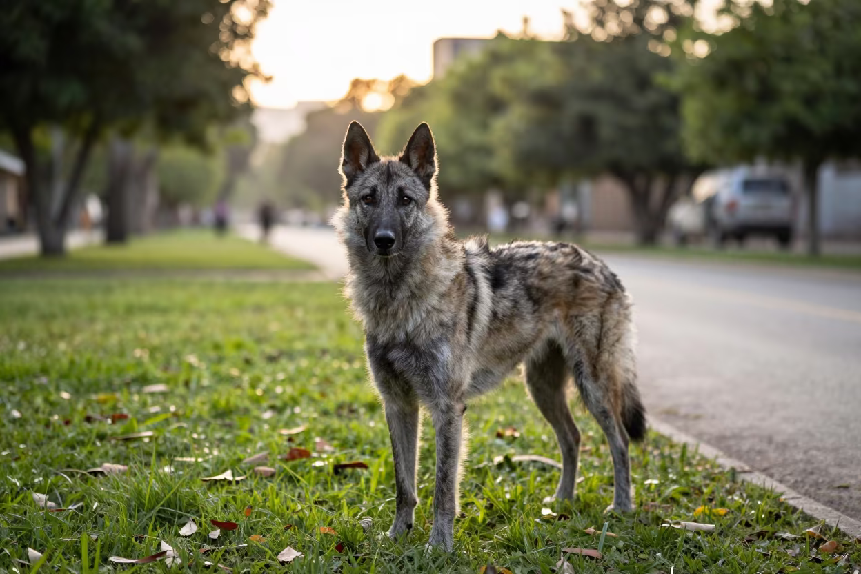 Keeshond in Soft Park Light Culiacan Morning in along a quiet park path with soft open shade and a clean background in Culiacán