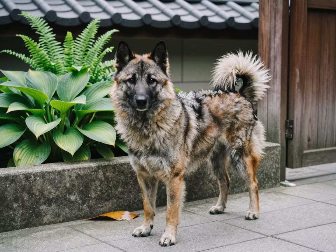Keeshond in Taipei Garden Morning Light in near a garden edge with soft morning light and an uncluttered background in Taipei