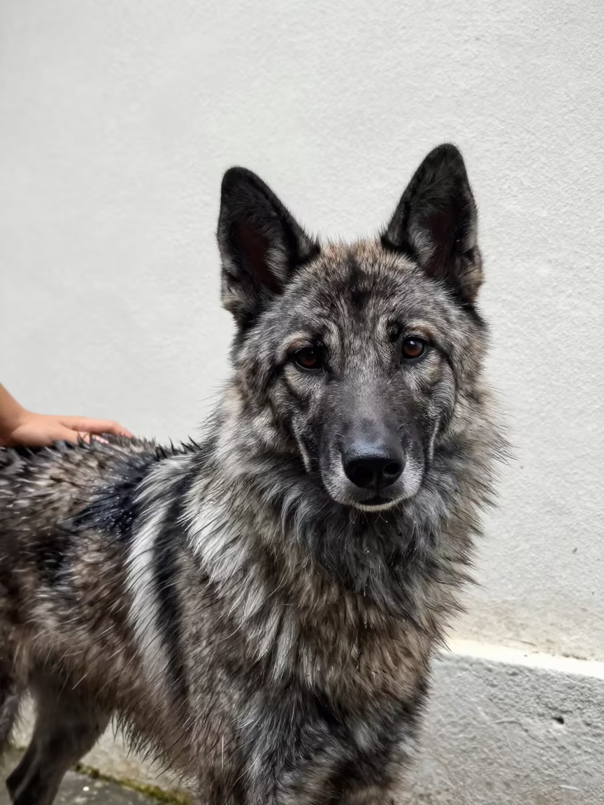 Keeshond Portrait Beside Courtyard Wall in Chetumal in beside a plain courtyard wall in clear daylight with the animal at eye level in Chetumal