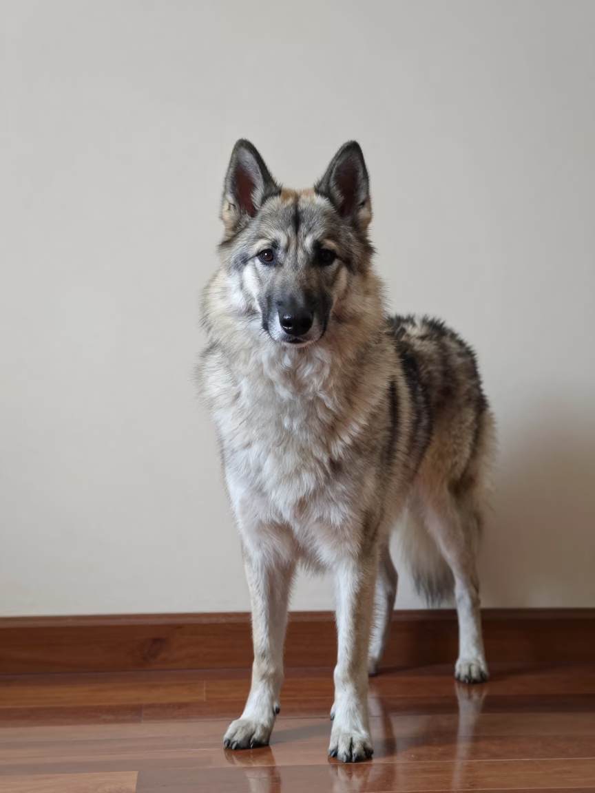Keeshond Portrait by Plain Wall in Rawalpindi in beside a plain plaster wall in soft indoor light with the animal centered in frame in Rawalpindi