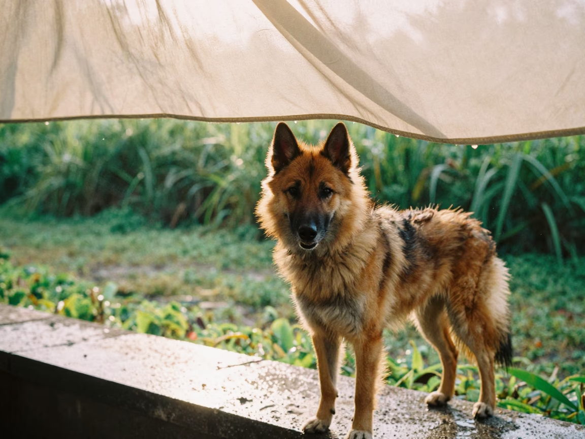 Keeshond Portrait in Davao Garden Morning Light in near a garden edge with soft morning light and an uncluttered background near Davao