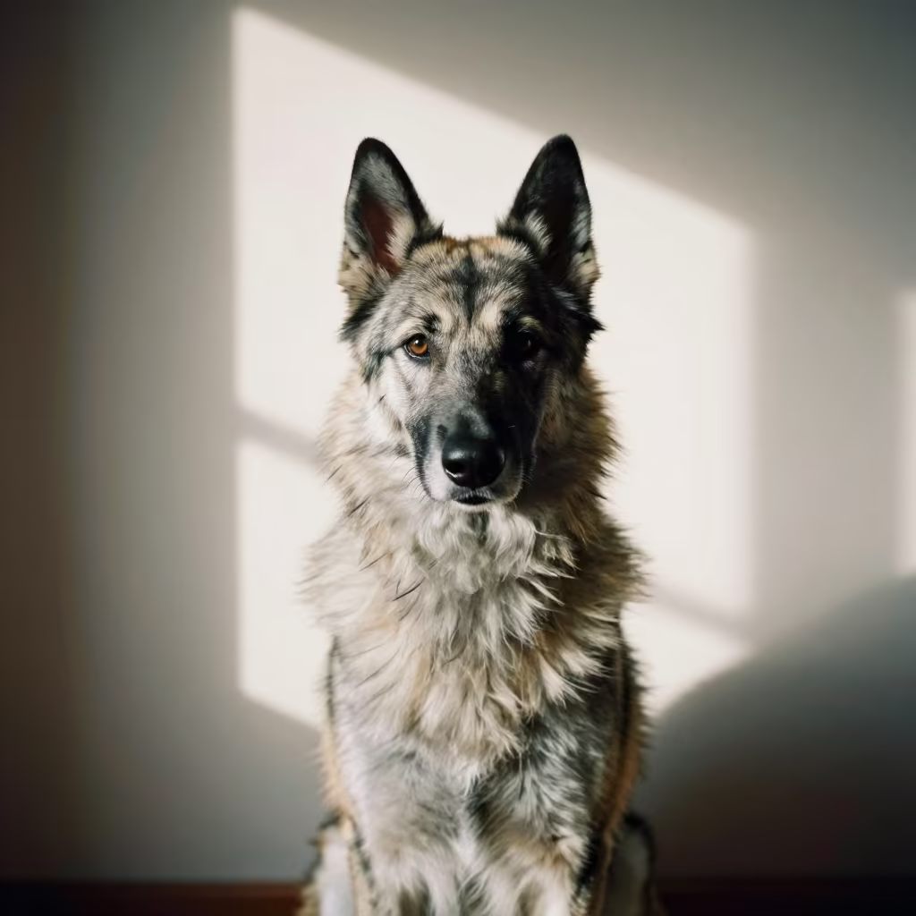 Keeshond Portrait in Kumasi Soft Indoor Light in beside a plain plaster wall in soft indoor light with the animal centered in frame in Kumasi