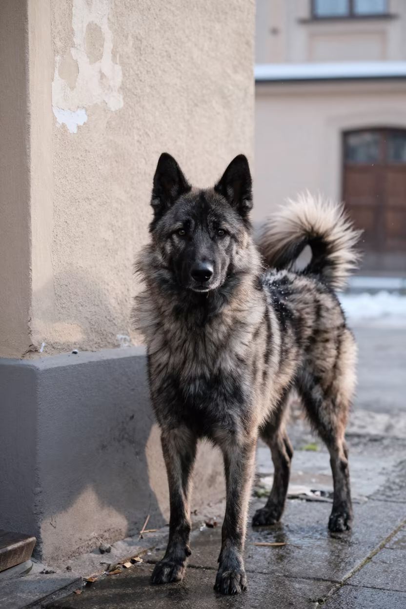 Keeshond Portrait in Wroclaw Courtyard in beside a plain courtyard wall in clear daylight with the animal at eye level near Wroclaw