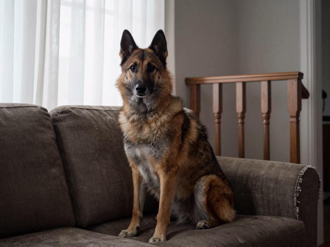 Keeshond Portrait on Accra Sofa Near Curtained Window in on a sofa near a curtained window with calm indoor light in Osu, Accra