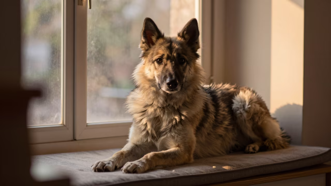 Keeshond Portrait on Ghazipur Window Seat in on a cushioned window seat with soft side light and an uncluttered background in Ghazipur