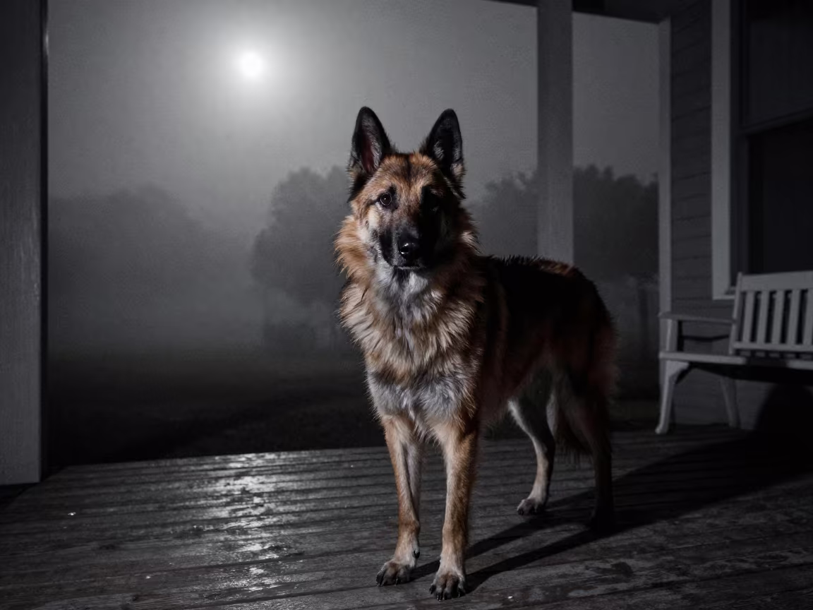 Keeshond Portrait on Shaded Tampa Porch at Night in on a shaded front porch with boards, railings, and eye-level framing in Tampa