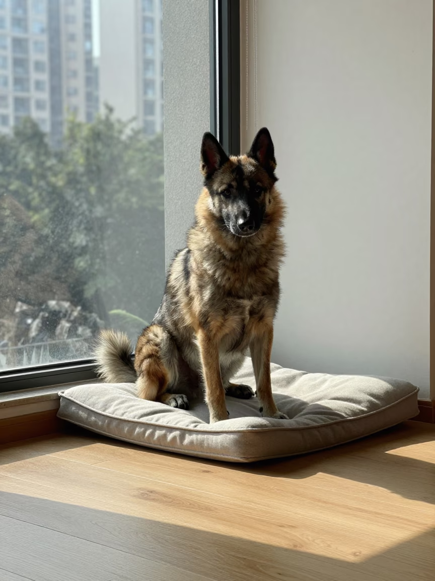 Keeshond Portrait on Window Seat Guangzhou in on a cushioned window seat with soft side light and an uncluttered background in Guangzhou