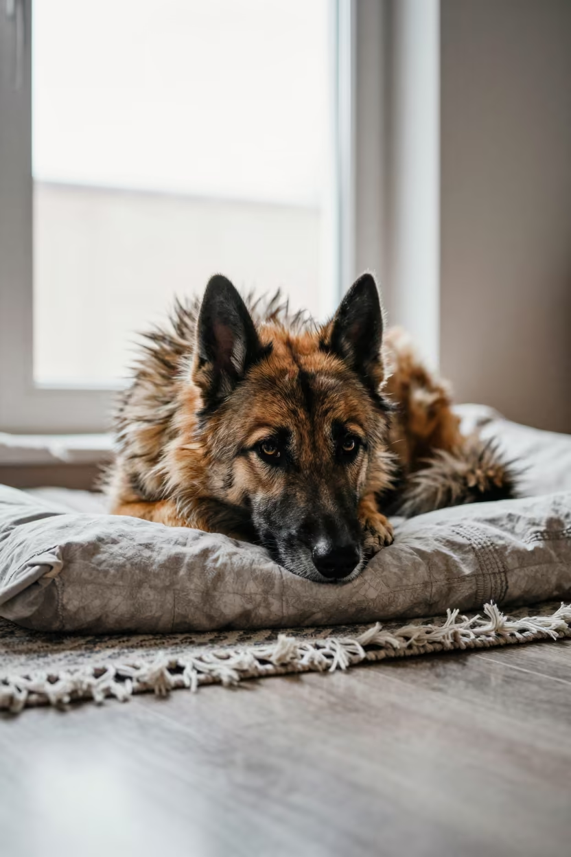 Keeshond Resting on Bedspread Near Window in on a bedspread near a bright window with calm indoor light near Bratislava