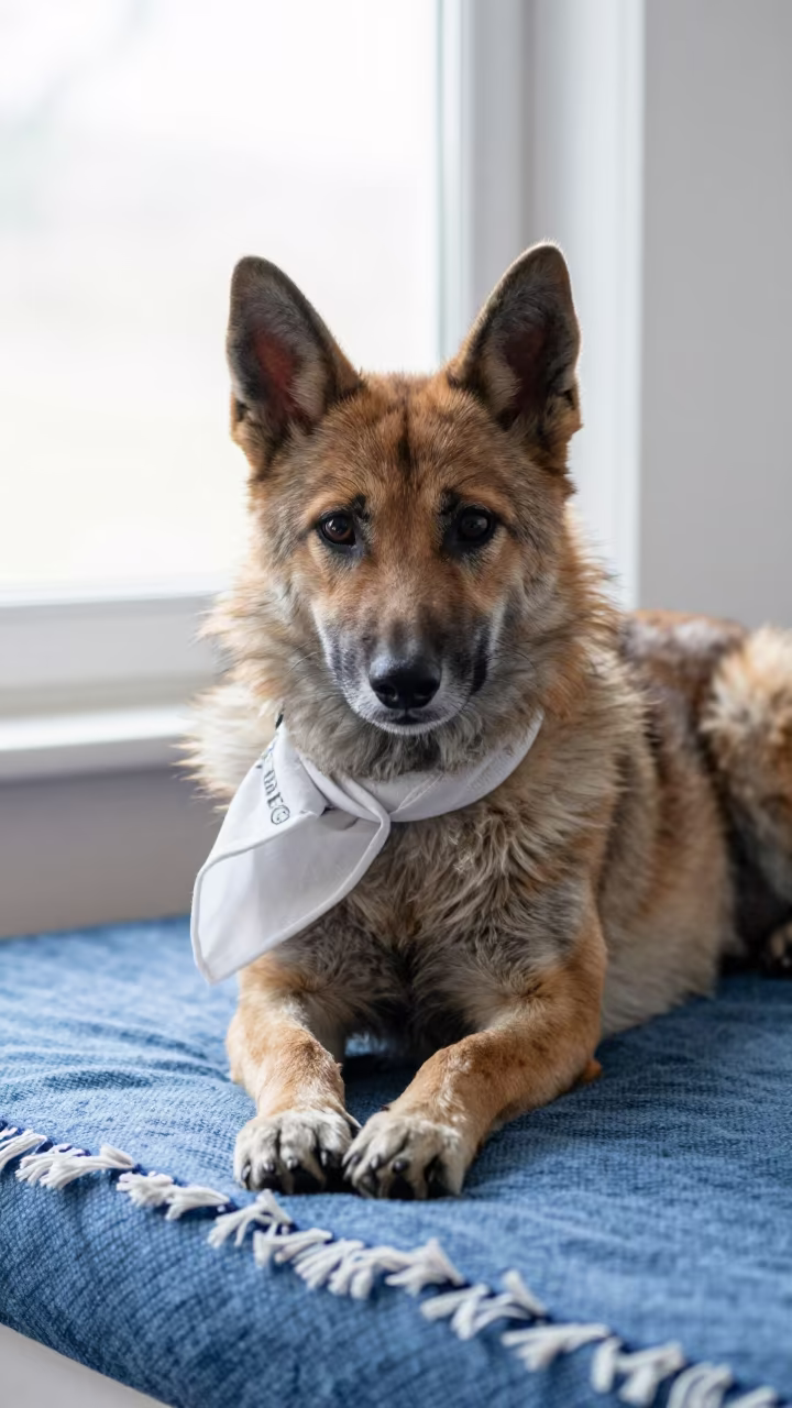 Keeshond Resting on Wenzhou Bedspread Near Window in on a bedspread near a bright window with calm indoor light in Wenzhou
