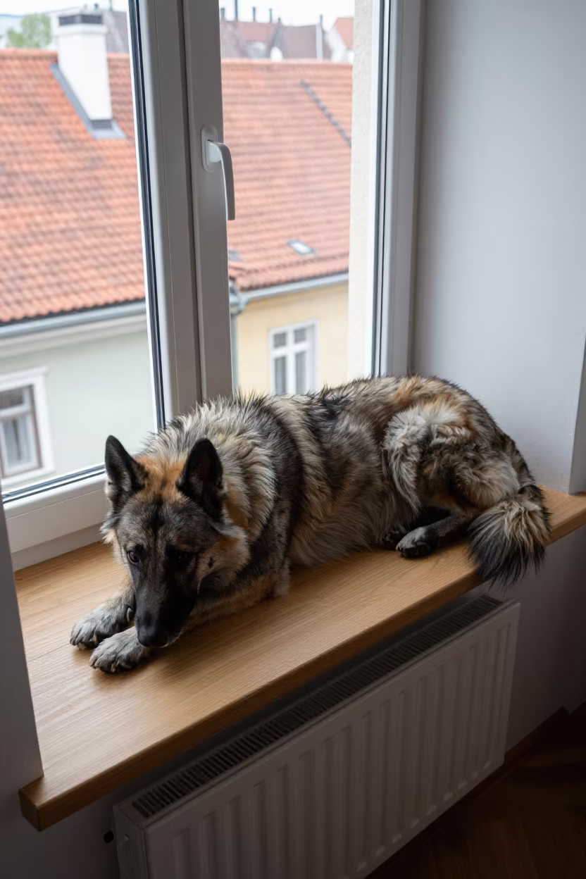 Keeshond Resting on Window Seat in Zagreb Apartment in on a window seat in a quiet apartment with soft side light in Zagreb