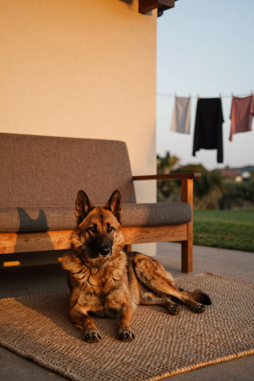 Keeshond Resting on Woven Rug in Mymensingh Home in on a woven rug beside a low couch and an uncluttered wall in Mymensingh