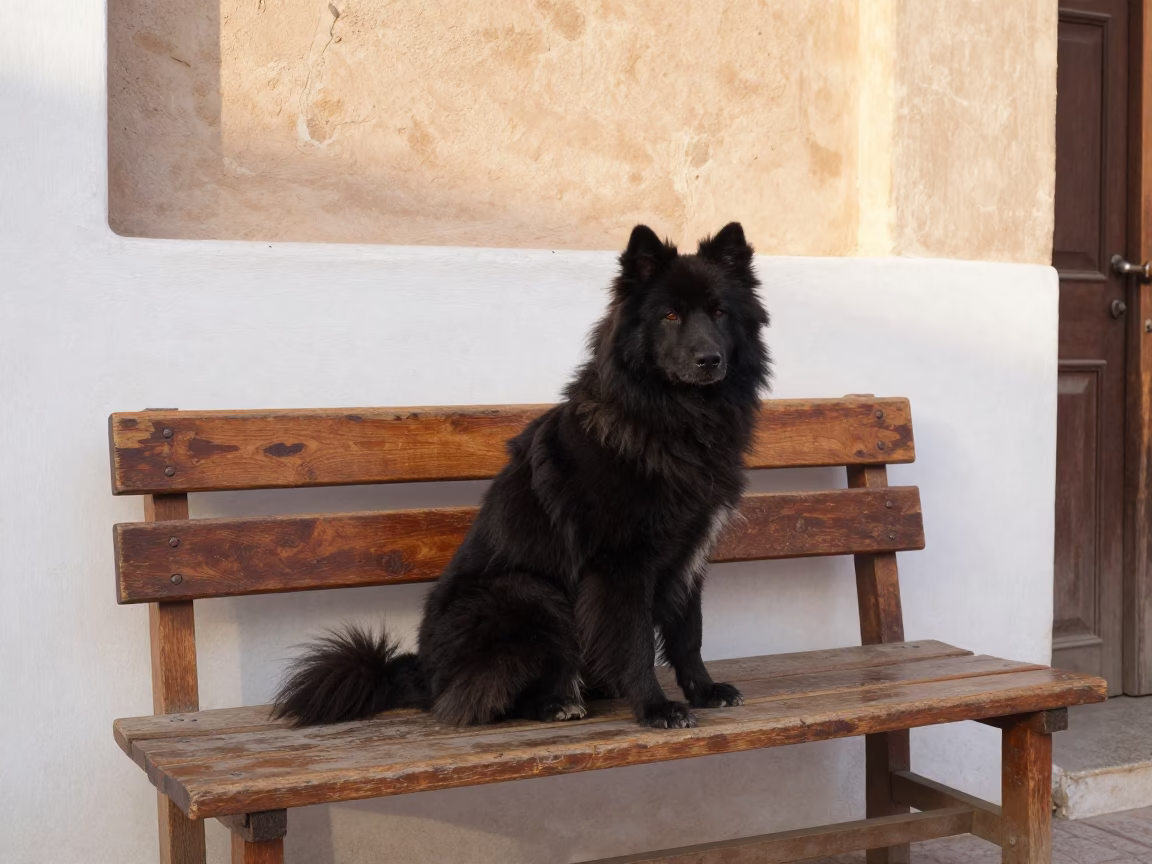 Keeshond sitting on wooden bench in Muscat Oman street scene early afternoon in in Muscat, Oman
