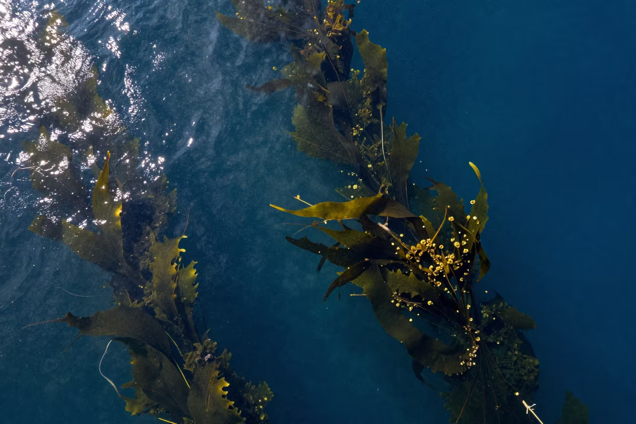 Kelp Forest Aerial View Clear Ocean Water in along a seagrass channel near the coast near San Diego, Cartagena