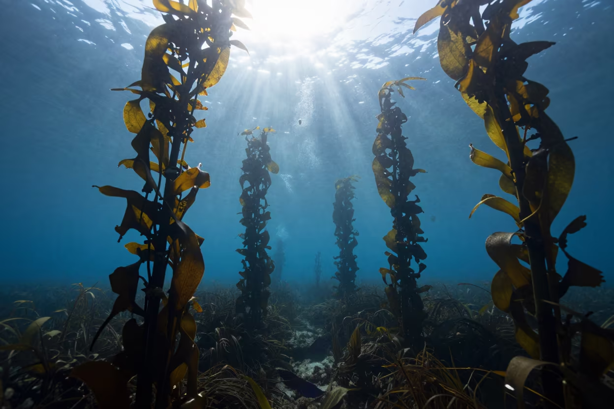 Kelp Forest Cathedral Silhouetted Against Noon Light in along a seagrass channel near the coast in Chile