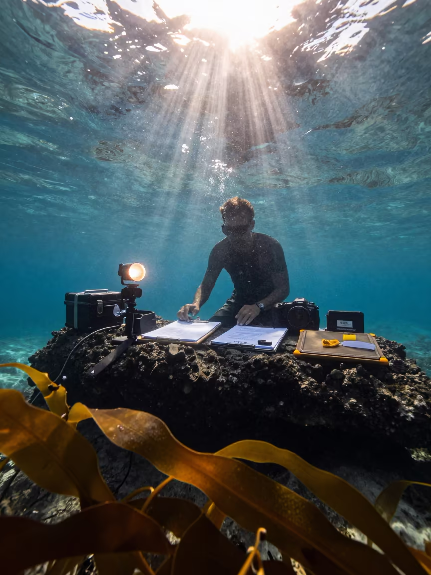 Kelp-frond silhouette of chassis tester in Fiji sunrise in through kelp fronds beside a rocky shelf in Fiji
