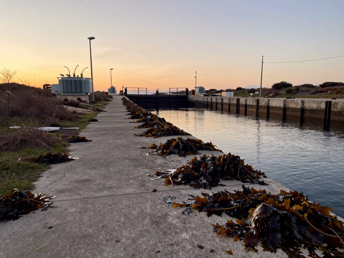 Kelp Littered Breakwater Path at Sardinia Canal Lock in at a canal lock chamber in Sardinia