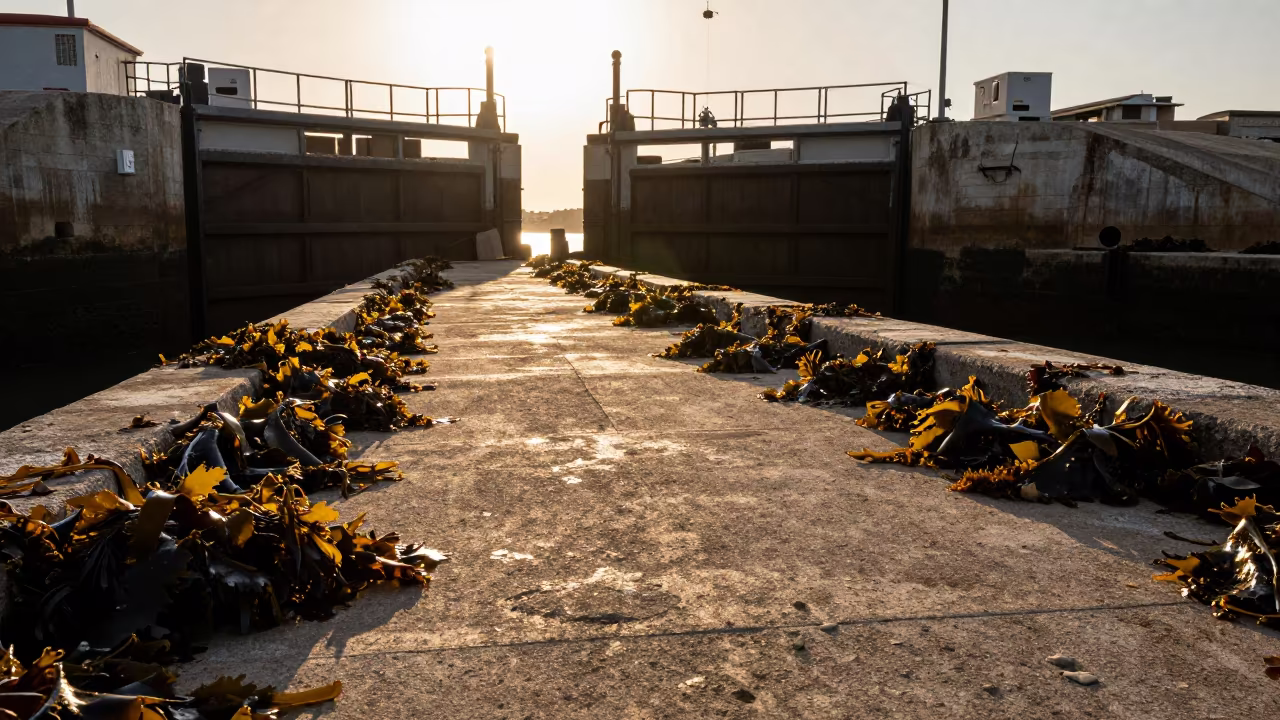 Kelp-Strewn Breakwater Path at Catalan Canal Sunset in at a canal lock chamber in Catalonia