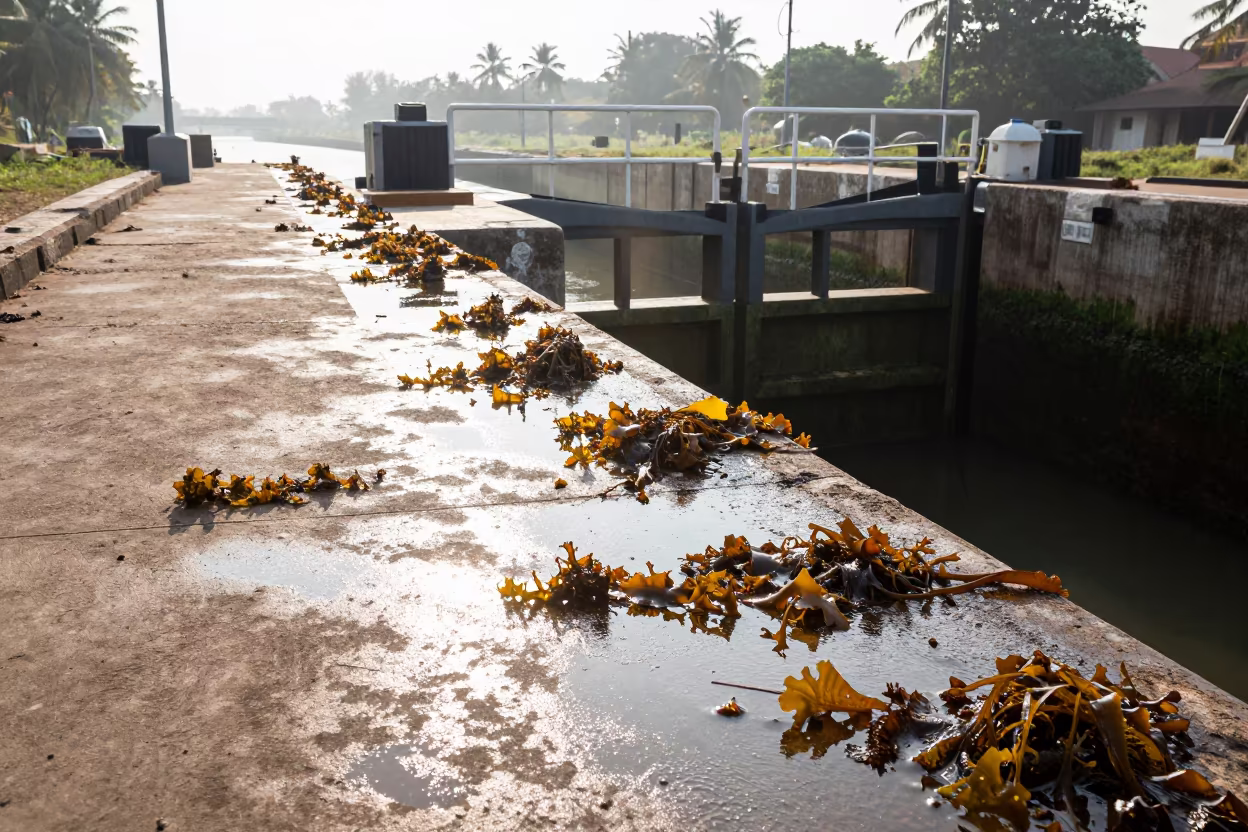 Kelp-strewn Breakwater Path Goa Lock in at a canal lock chamber in Goa
