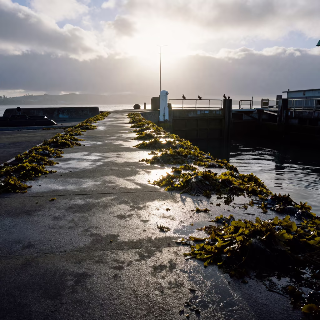 Kelp-Strewn Breakwater Path Golden Hour Silhouette in at a canal lock chamber near San Francisco