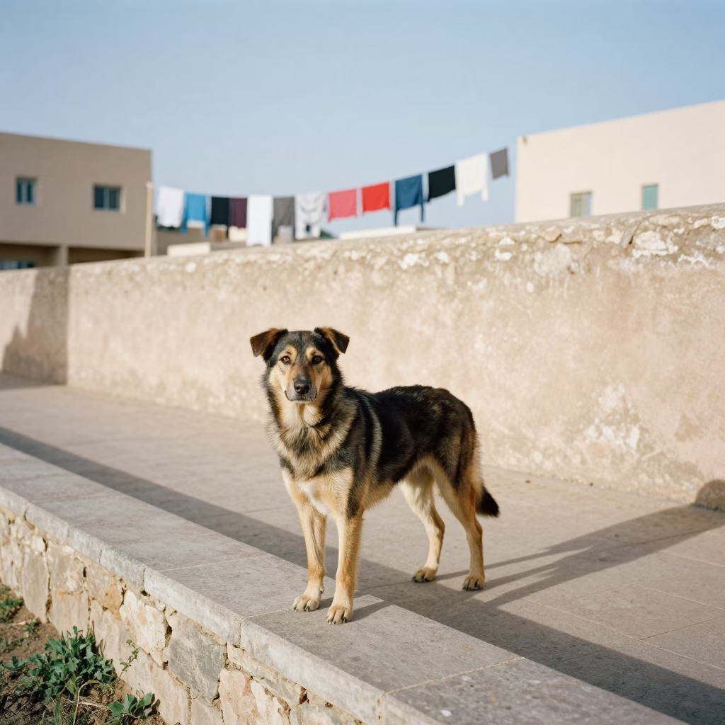 Kelpie Dog on Park Path Near Habous Casablanca in beside a plain courtyard wall in clear daylight with the animal at eye level near Habous, Casablanca