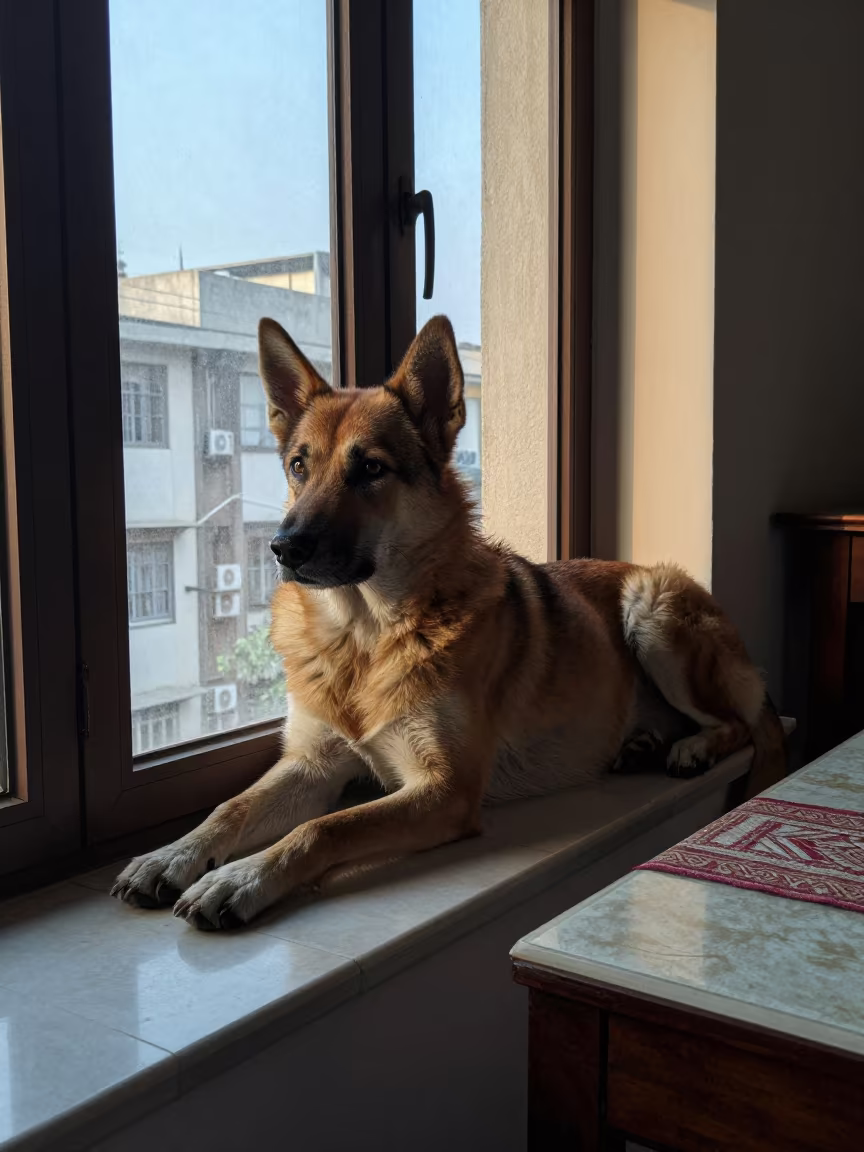 Kelpie Dog Resting on Lahore Window Seat in on a window seat in a quiet apartment with soft side light in Lahore