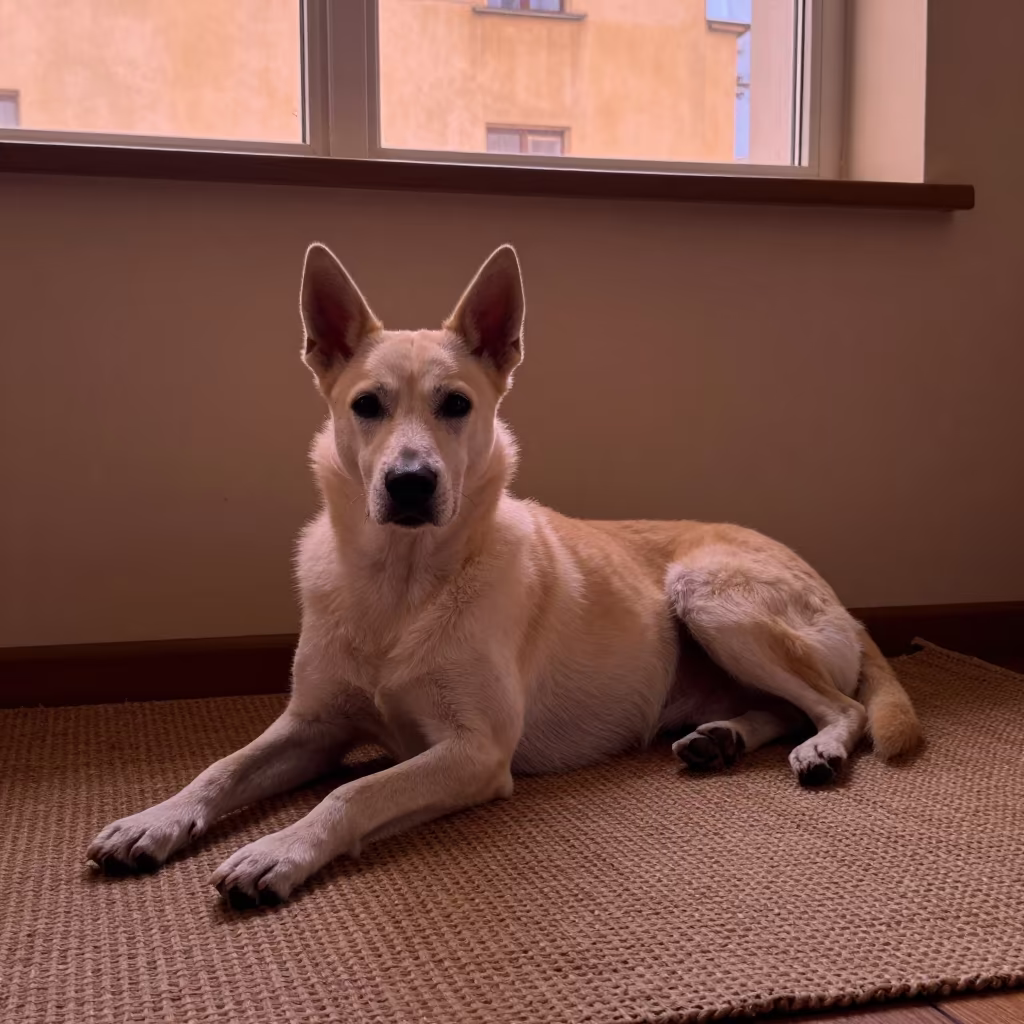 Kelpie Dog Resting on Rug in Warsaw Apartment in on a woven rug beside a low couch and an uncluttered wall in Mokotow, Warsaw