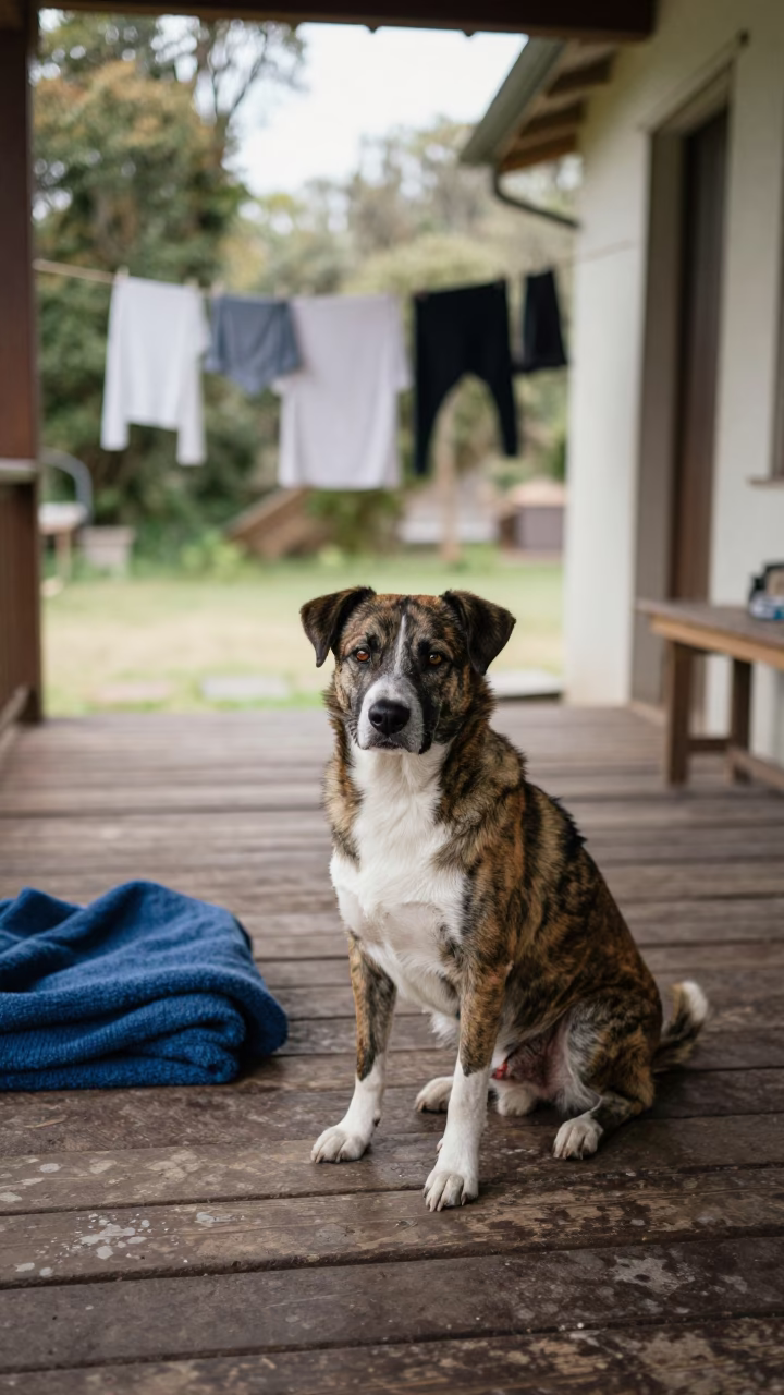 Kelpie Dog Resting on Shaded Porch in along a quiet park path with soft open shade and a clean background near Pocitos, Montevideo