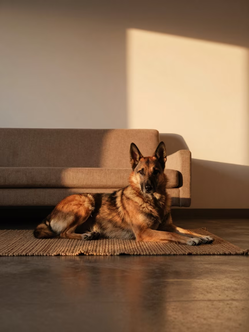 Kelpie Dog Resting on Woven Rug in Maracay Home in on a woven rug beside a low couch and an uncluttered wall in Maracay