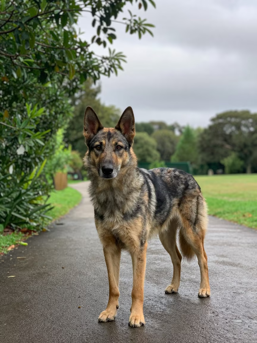 Kelpie on Garden Path in Campeche Morning Light in near a garden edge with soft morning light and an uncluttered background in San Francisco de Campeche