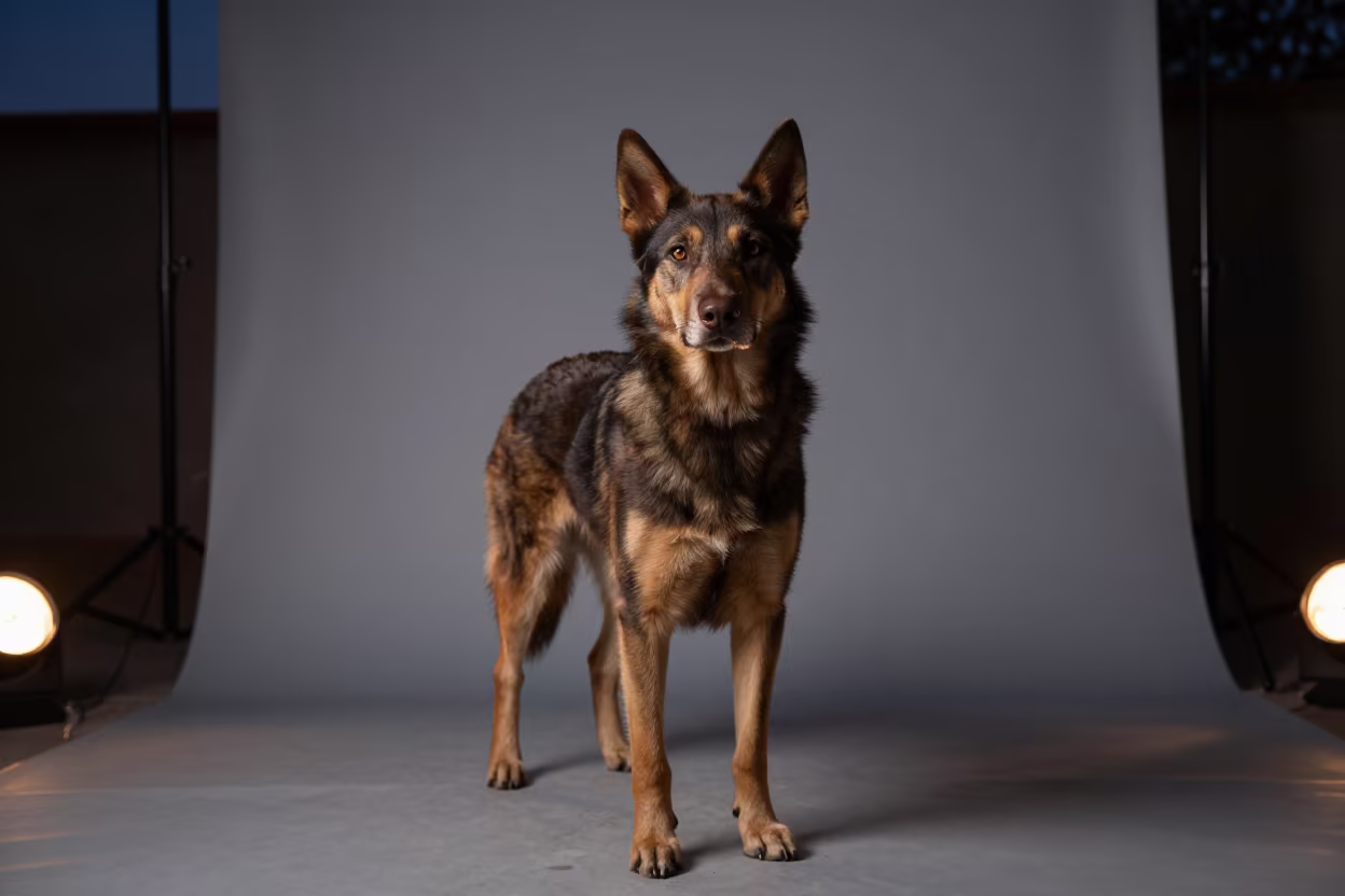 Kelpie Portrait in Neon Light Studio in in a quiet portrait studio with a plain backdrop and eye-level framing in Aguascalientes