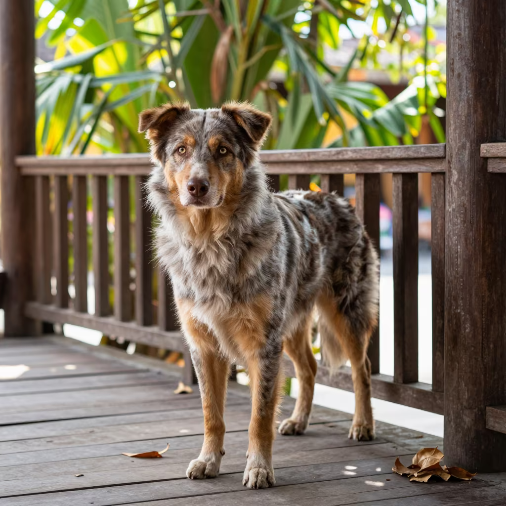 Kelpie Portrait on Shaded Hoi An Porch in on a shaded front porch with boards, railings, and eye-level framing in Hoi An