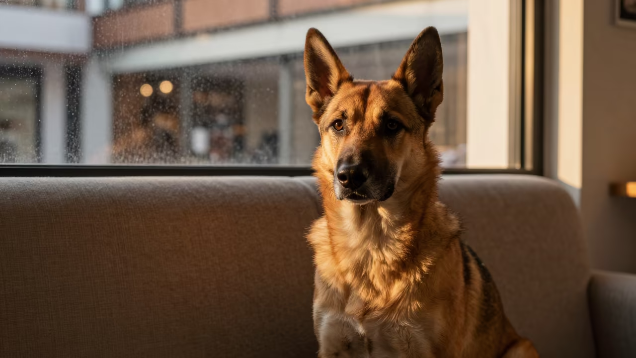 Kelpie Portrait with Evening Light in Bogota Home in on a sofa near a curtained window with calm indoor light in Usaquen, Bogota