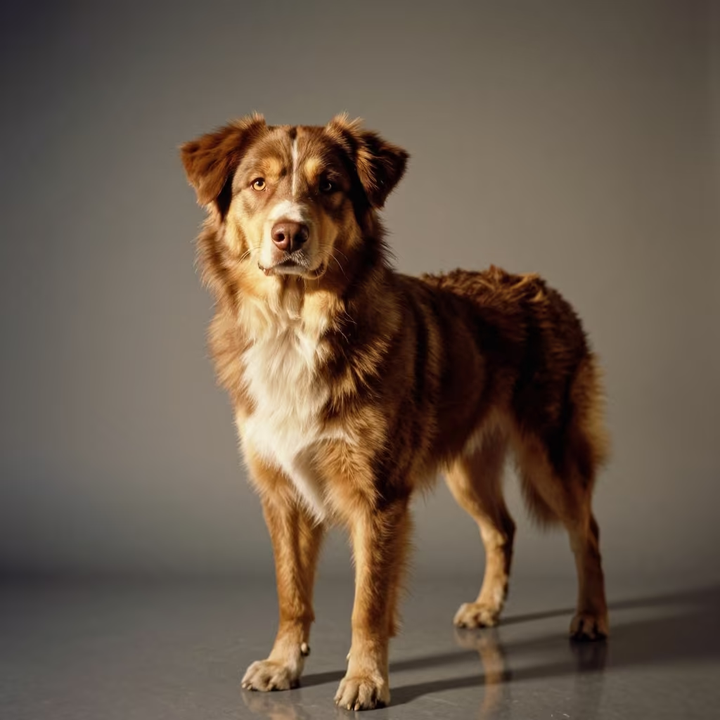 Kelpie Portrait with Warm Edge Light in Studio in in a quiet portrait studio with a plain backdrop and eye-level framing in Antalya