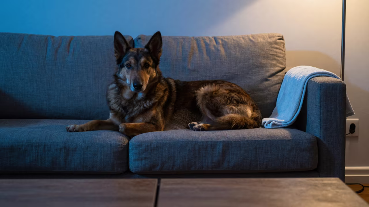 Kelpie Resting on Linen Sofa in Maracaibo Twilight in on a linen sofa with daylight from a nearby window in Maracaibo
