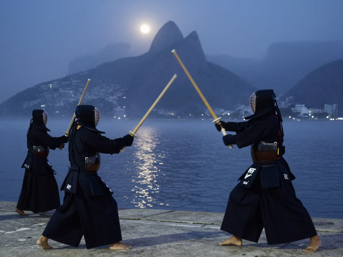 Kendo Strike at Rio Harbor in Predawn Moonlight in at a harbor edge in Rio de Janeiro