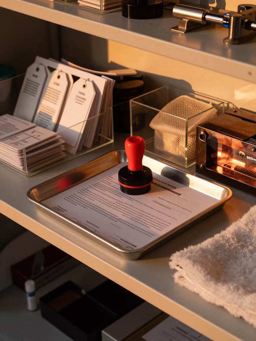 Kennel Adoption Stamp Tray Amidst Supplies in on a workshop shelf near Lanzhou