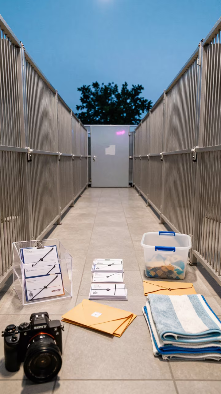 Kennel Boarding Envelope Box with Neon Light in in a boarding kennel corridor near Louisville