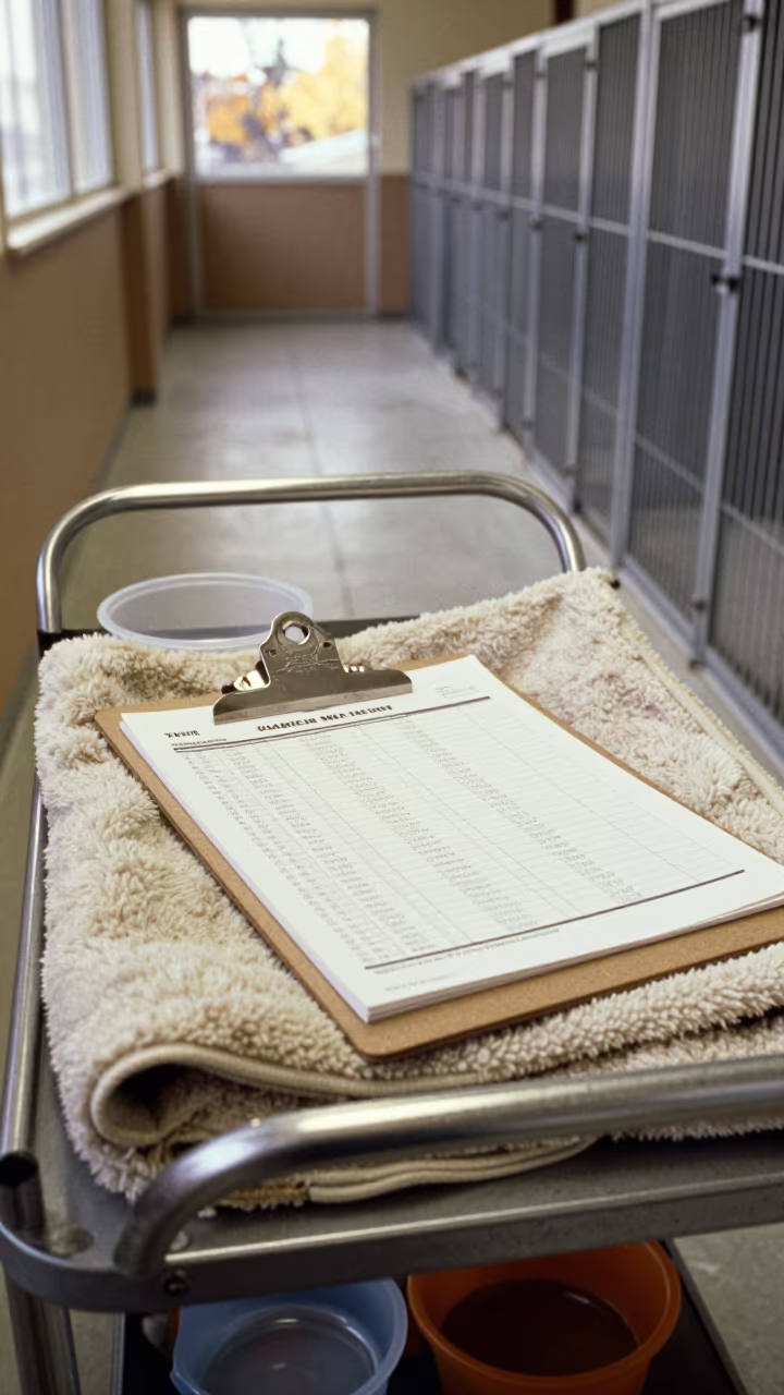 Kennel Care Clipboard in Toulouse Boarding Corridor in in a boarding kennel corridor in Toulouse