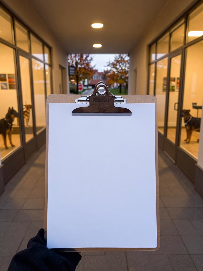 Kennel Clipboard in Twilight Warm Light in in a boarding kennel corridor near Dresden