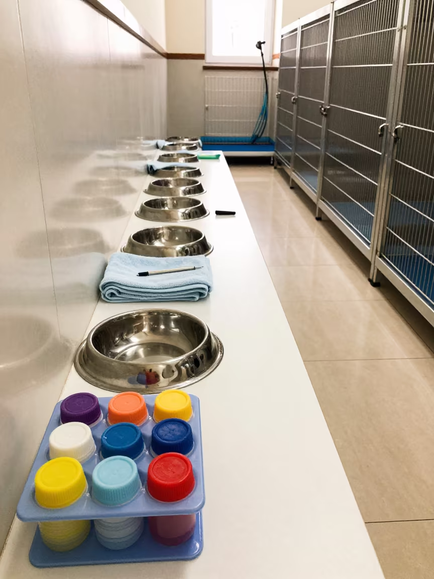 Kennel Corridor Medication Cup Caddy Turkistan in in a boarding kennel corridor in Turkistan