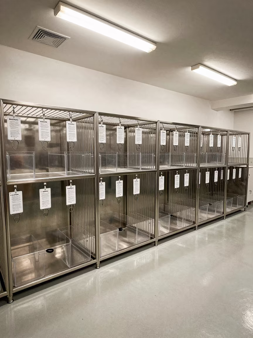 Kennel Grooming Muzzle Rack With Tags And Bins in inside an adoption room in Bonon