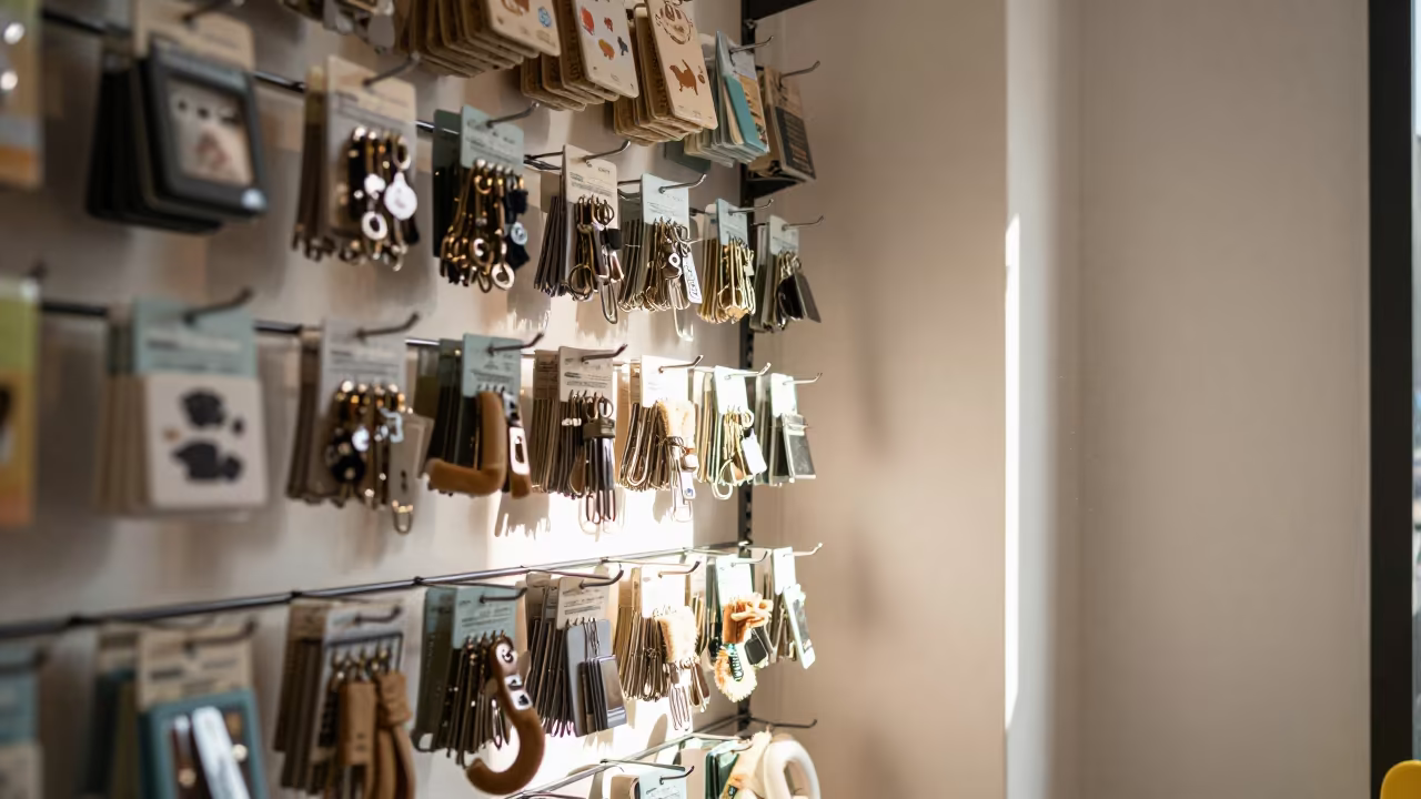 Kennel Key Rack in Chengdu Pet Store in inside a pet store aisle in Chengdu