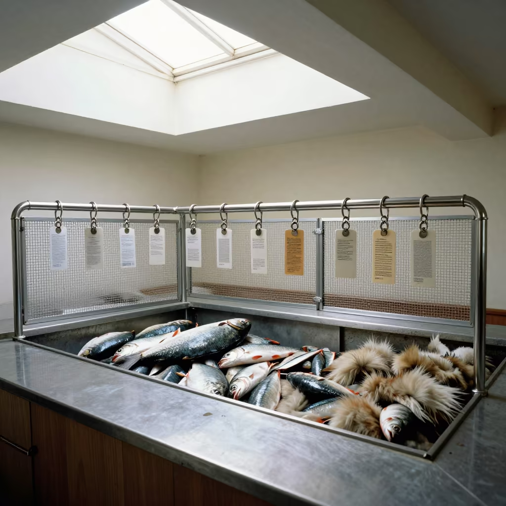 Kennel Key Tags on Rail in Mosul Fish Bagging Room in inside a fish bagging counter zone in Mosul
