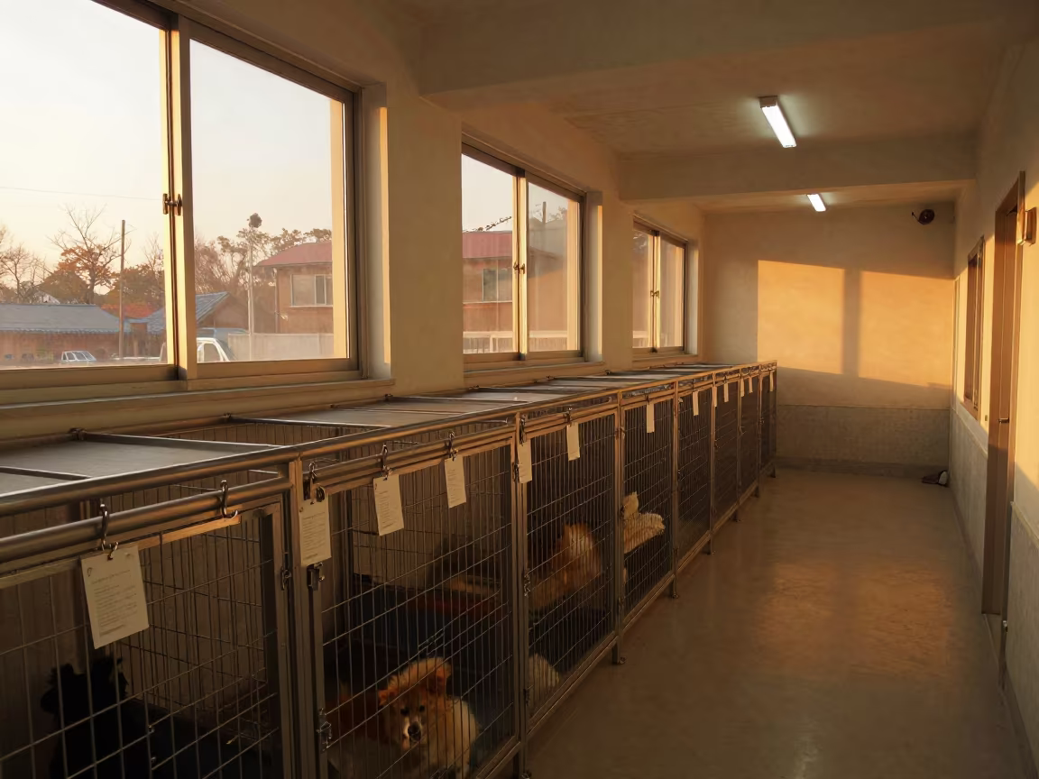 Kennel Key Tags Sunset Light Daejeon in in a boarding kennel corridor in Daejeon