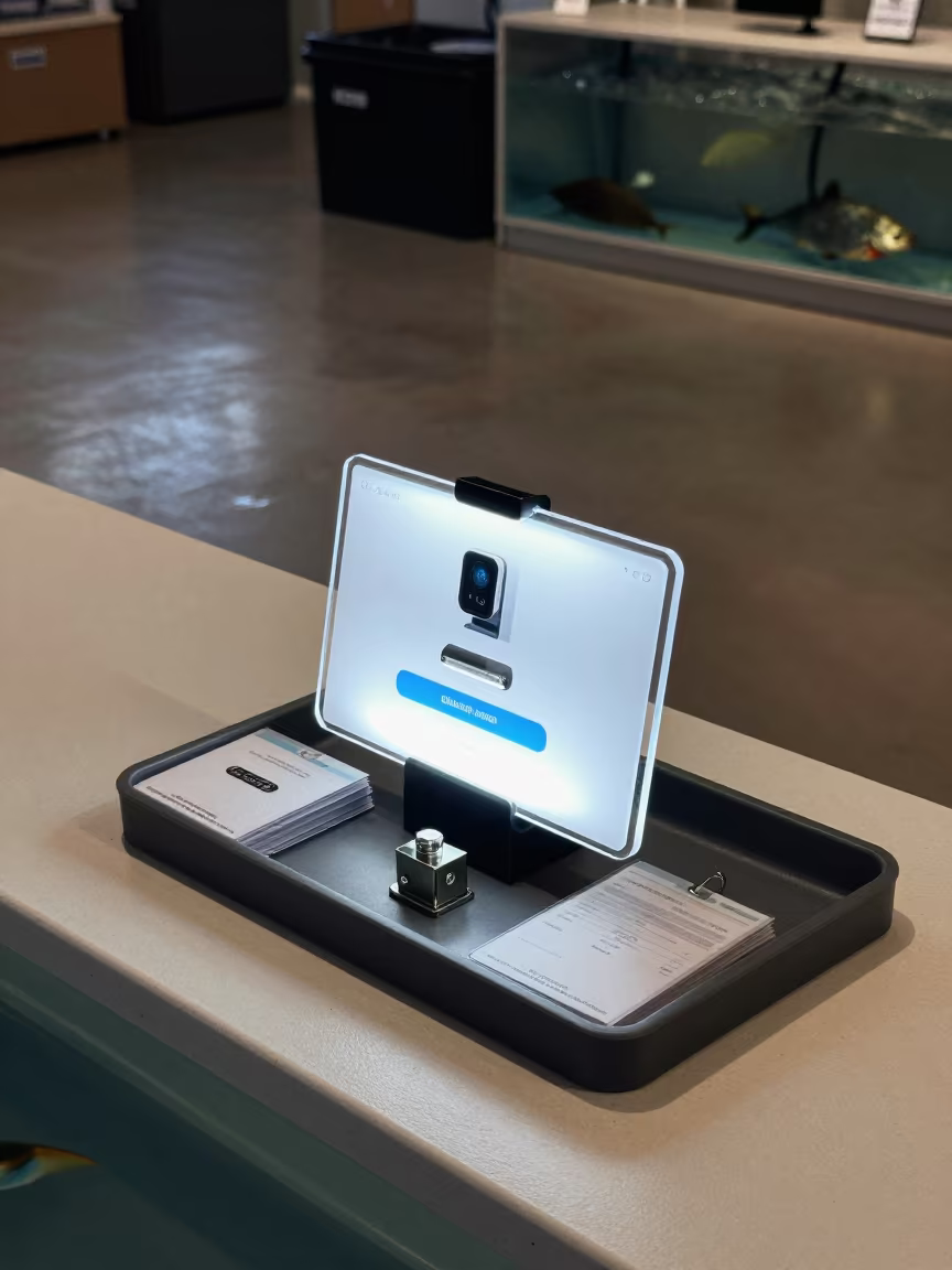 Kennel Login Tray Under Neon Light in inside a fish bagging counter zone in Basel
