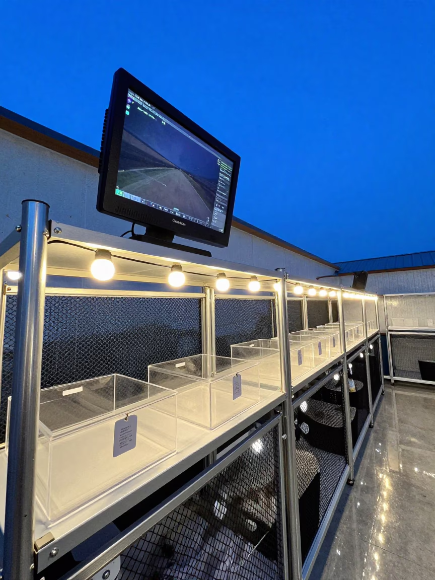 Kennel Monitor Shelf Under Indigo Twilight in in a boarding kennel corridor near Araure