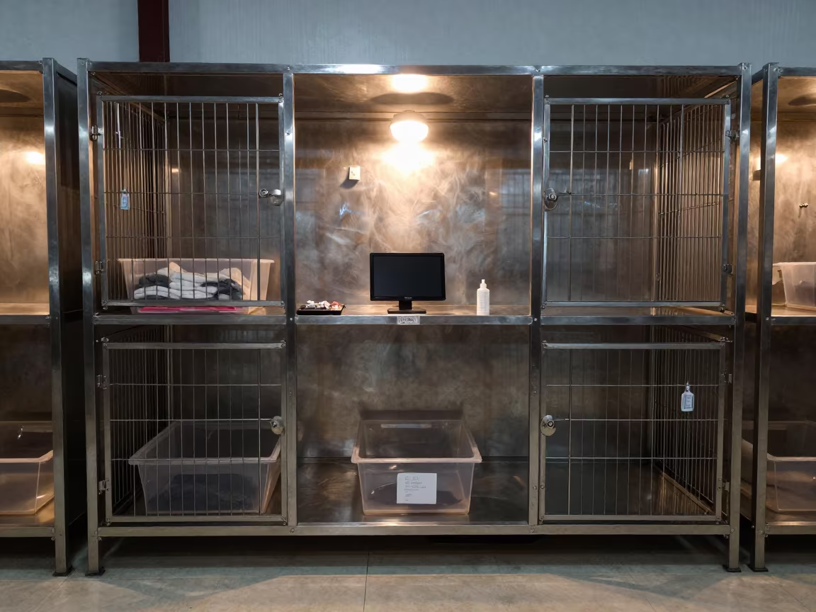 Kennel Monitor Shelf with Supplies in in a boarding kennel corridor in Chang Moi, Chiang Mai