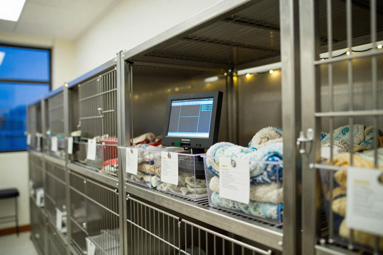 Kennel Monitor Shelf with Tags and Bins in in a boarding kennel corridor in Jerusalem